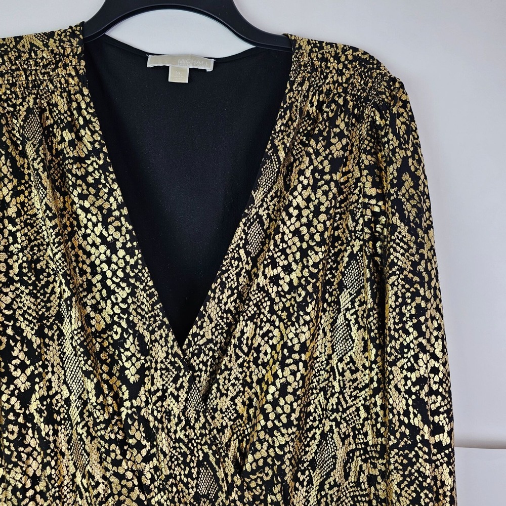 Michael Kors Julia Dress Foil Gold Black Snakeskin Print Ruffle LS XL Metallic - Picture 8 of 11